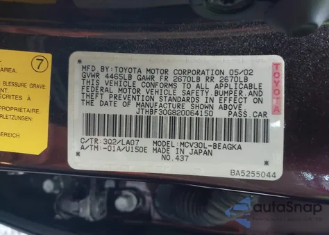 2002 Lexus Es 300 z USA, uszkodzony, nr VIN JTHBF30G820064150